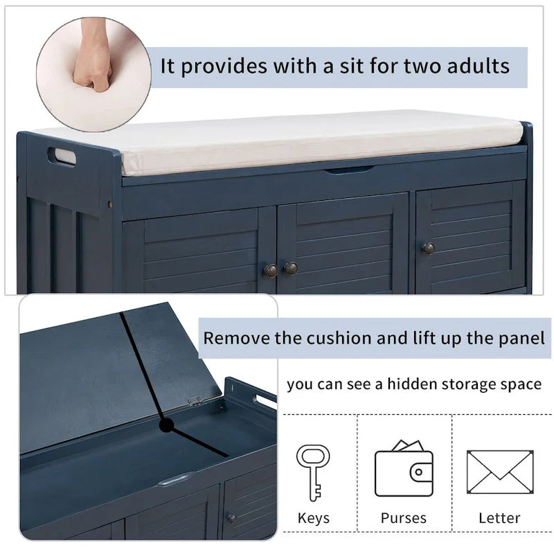 Banc de rangement rustique avec portes à persiennes, coussin, blanc, expresso, gris, marine