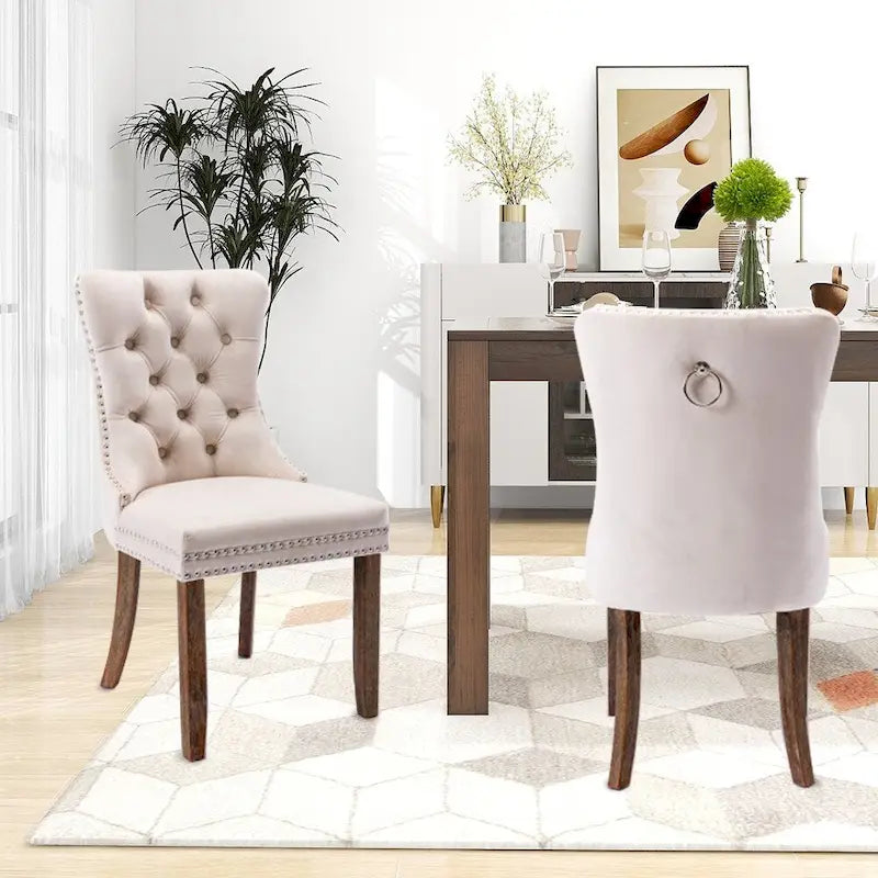 Chaise de salle à manger en velours capitonnée, dossier haut, garniture cloutée, anneau de traction, pieds en bois