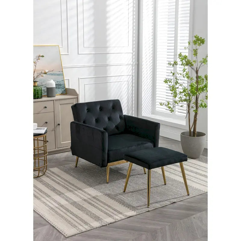 Fauteuil d'appoint en velours capitonné avec accoudoirs et pieds en métal doré