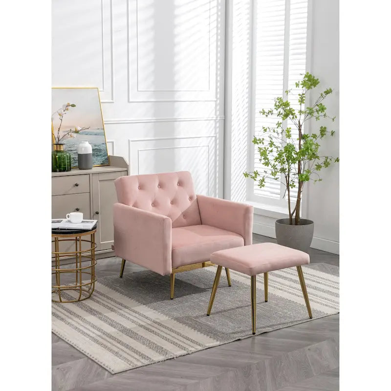 Fauteuil d'appoint en velours capitonné avec accoudoirs et pieds en métal doré