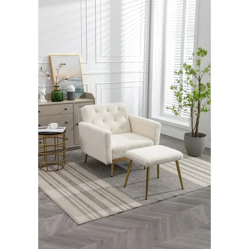 Fauteuil d'appoint en velours capitonné avec accoudoirs et pieds en métal doré
