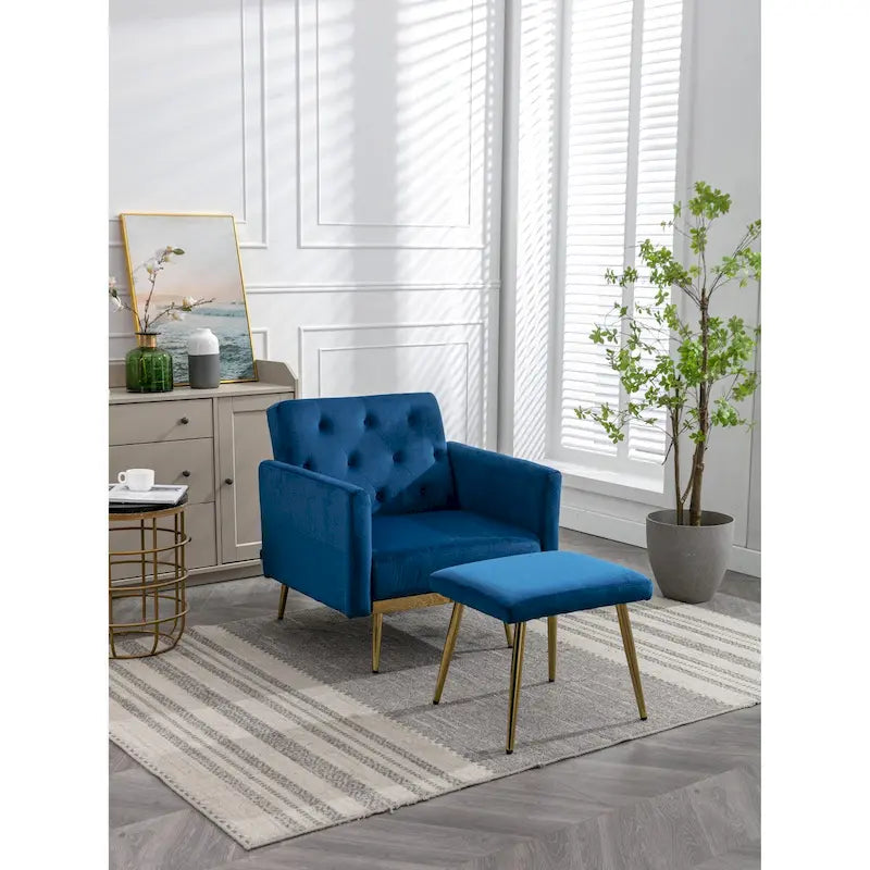 Fauteuil d'appoint en velours capitonné avec accoudoirs et pieds en métal doré