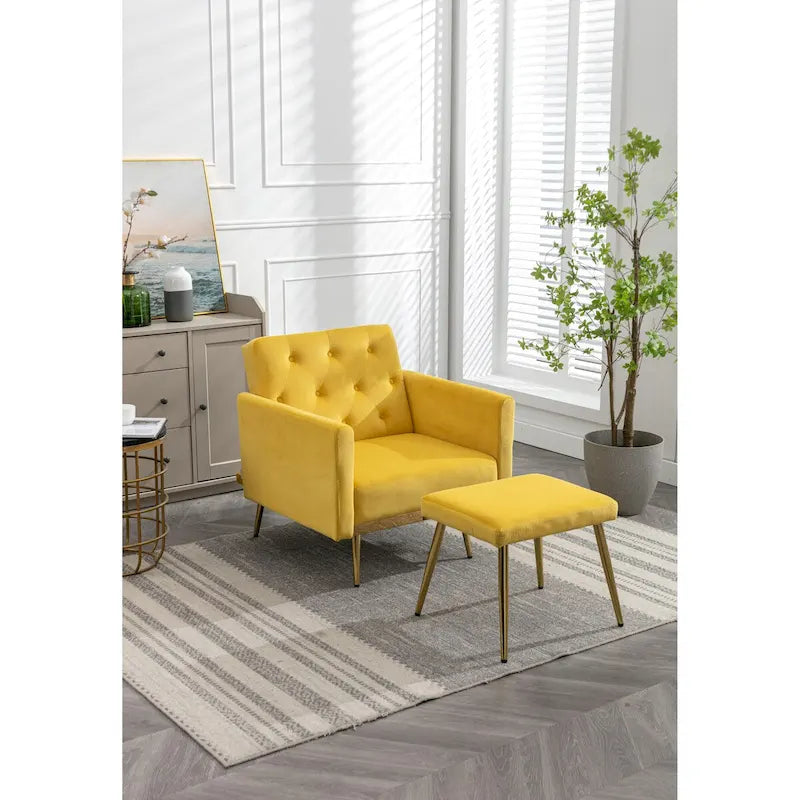 Fauteuil d'appoint en velours capitonné avec accoudoirs et pieds en métal doré