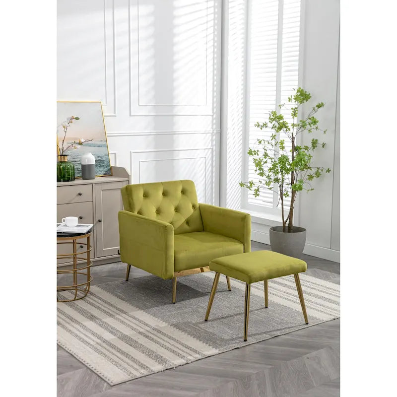 Fauteuil d'appoint en velours capitonné avec accoudoirs et pieds en métal doré