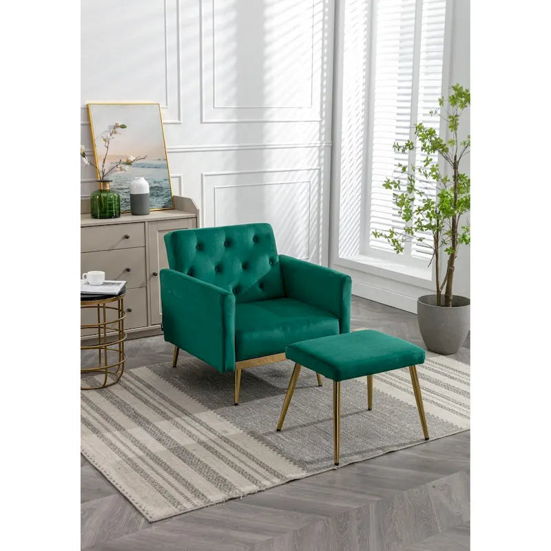 Fauteuil d'appoint en velours capitonné avec accoudoirs et pieds en métal doré