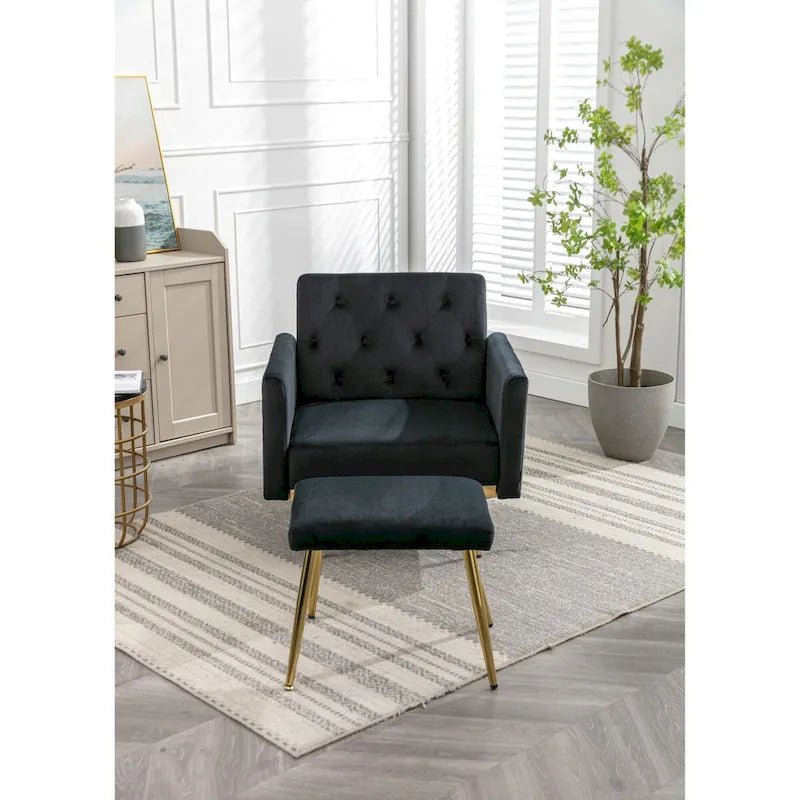 Fauteuil d'appoint en velours capitonné avec accoudoirs et pieds en métal doré