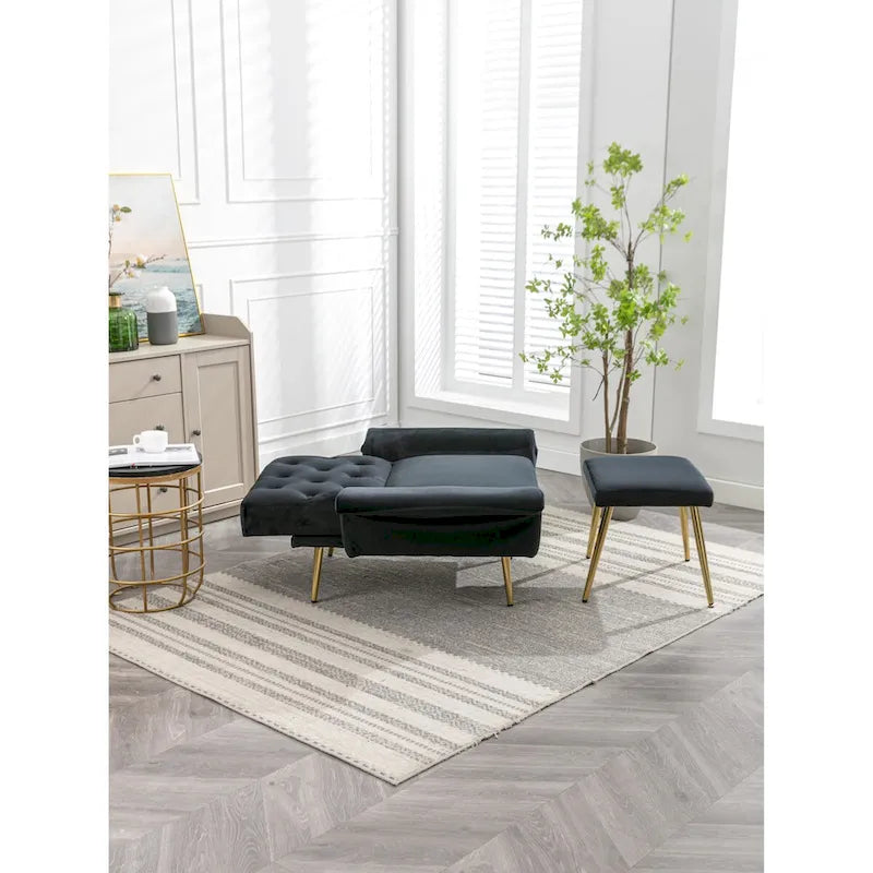 Fauteuil d'appoint en velours capitonné avec accoudoirs et pieds en métal doré