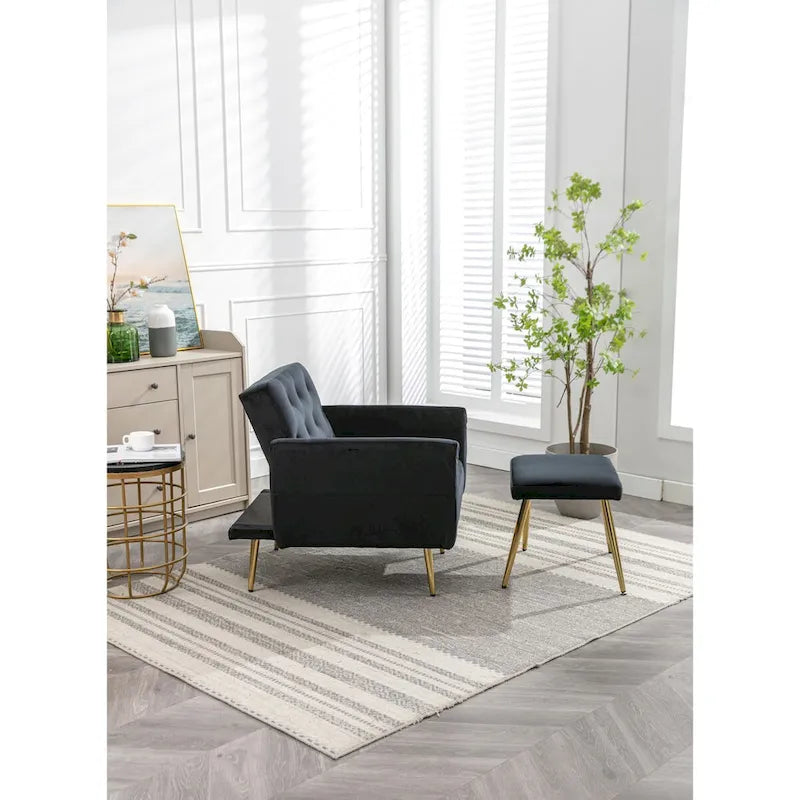 Fauteuil d'appoint en velours capitonné avec accoudoirs et pieds en métal doré