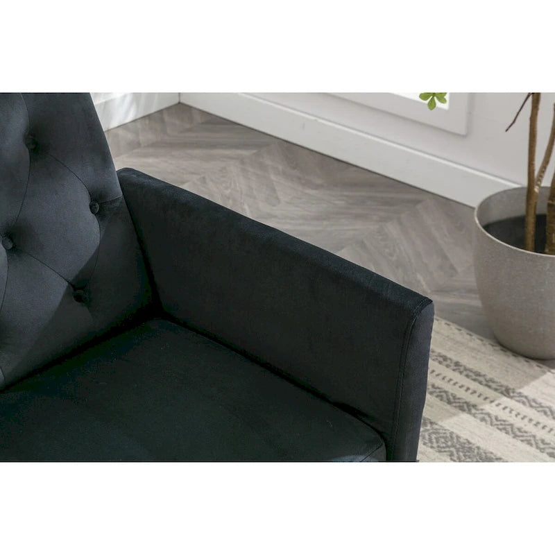 Fauteuil d'appoint en velours capitonné avec accoudoirs et pieds en métal doré