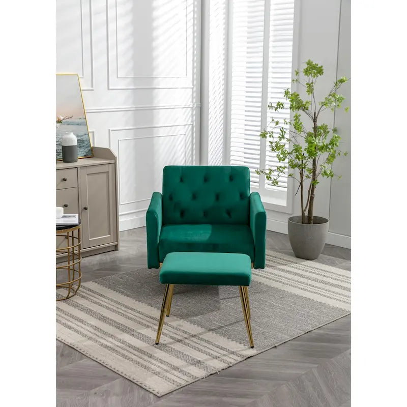 Fauteuil d'appoint en velours capitonné avec accoudoirs et pieds en métal doré