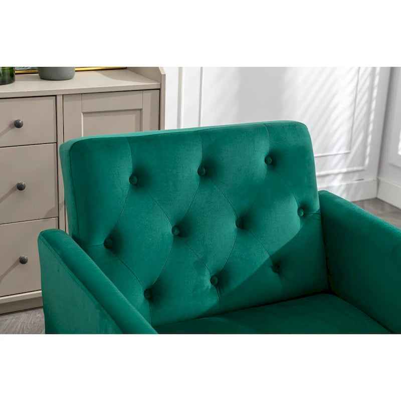 Fauteuil d'appoint en velours capitonné avec accoudoirs et pieds en métal doré