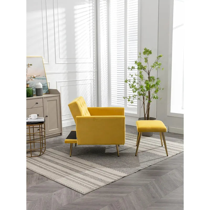 Fauteuil d'appoint en velours capitonné avec accoudoirs et pieds en métal doré