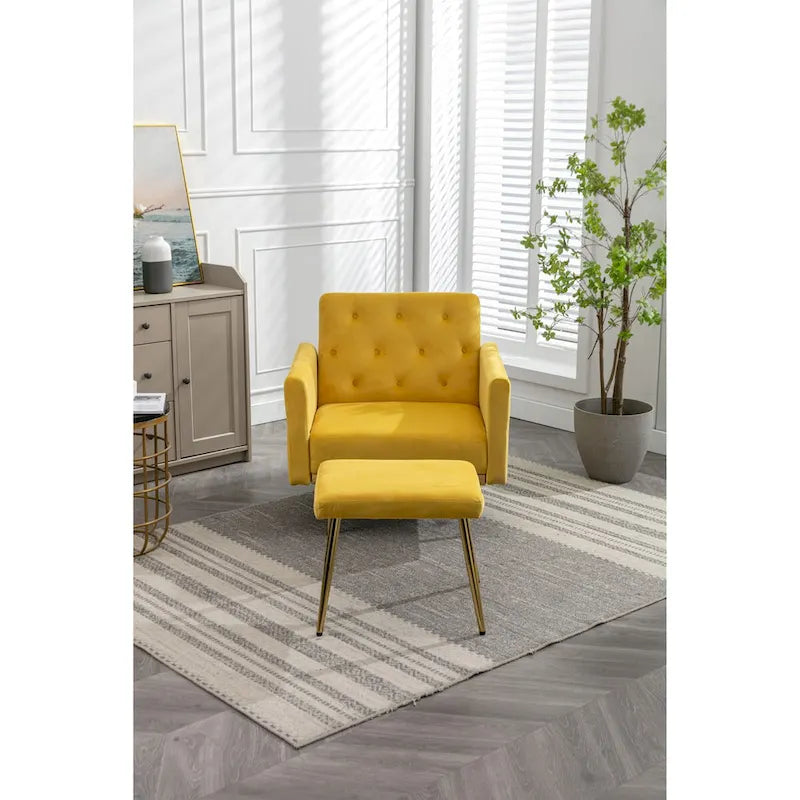 Fauteuil d'appoint en velours capitonné avec accoudoirs et pieds en métal doré
