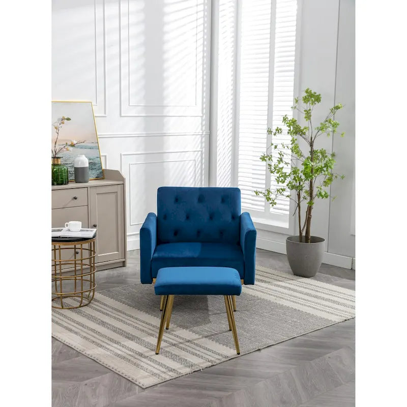 Fauteuil d'appoint en velours capitonné avec accoudoirs et pieds en métal doré
