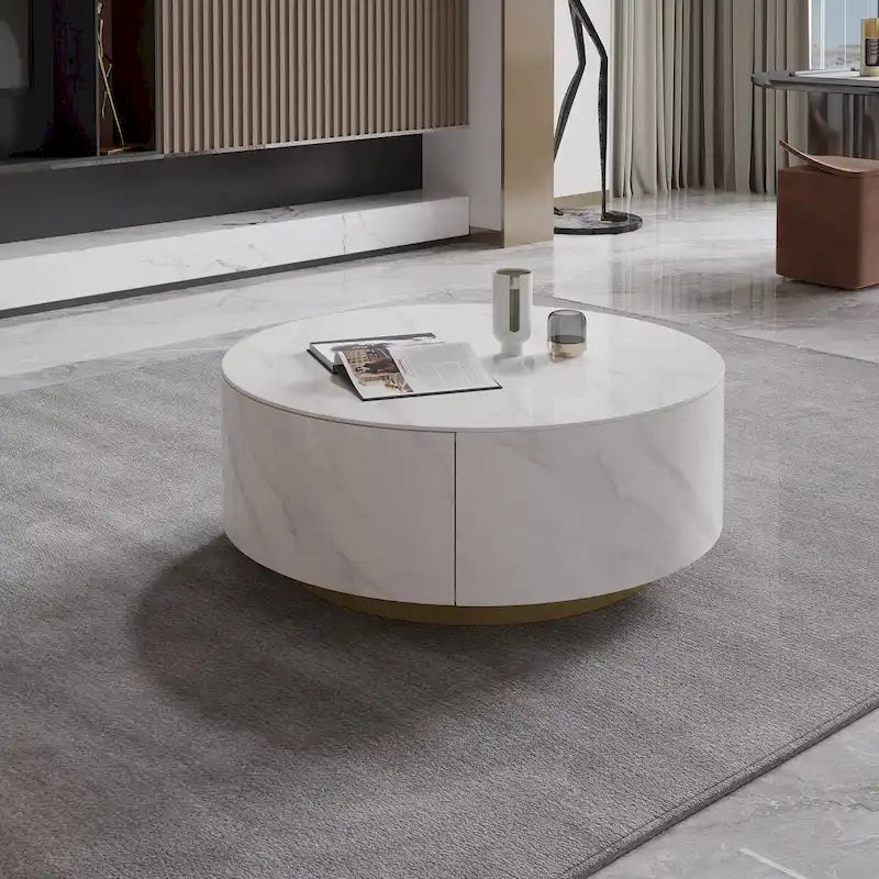 Table Basse Ronde en Pierre Frittée avec Base Dorée et 2 Tiroirs de Rangement