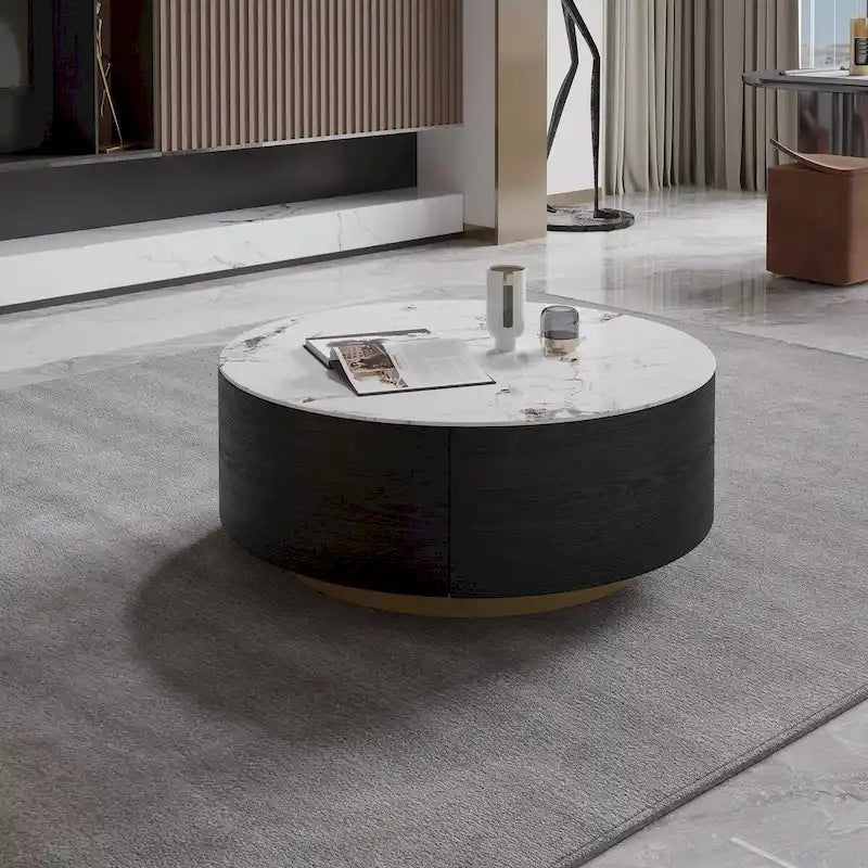 Table Basse Ronde en Pierre Frittée avec Base Dorée et 2 Tiroirs de Rangement