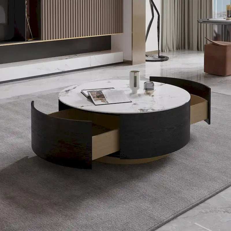 Table Basse Ronde en Pierre Frittée avec Base Dorée et 2 Tiroirs de Rangement