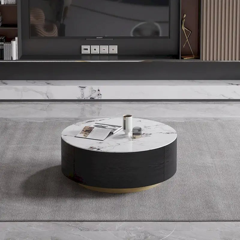 Table Basse Ronde en Pierre Frittée avec Base Dorée et 2 Tiroirs de Rangement
