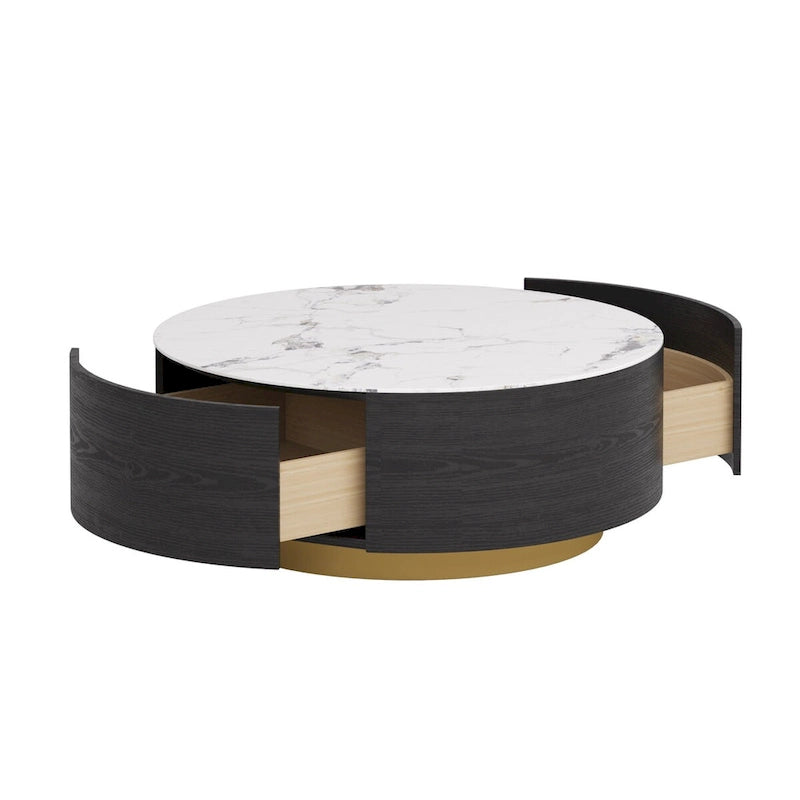 Table Basse Ronde en Pierre Frittée avec Base Dorée et 2 Tiroirs de Rangement