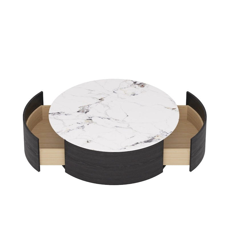 Table Basse Ronde en Pierre Frittée avec Base Dorée et 2 Tiroirs de Rangement