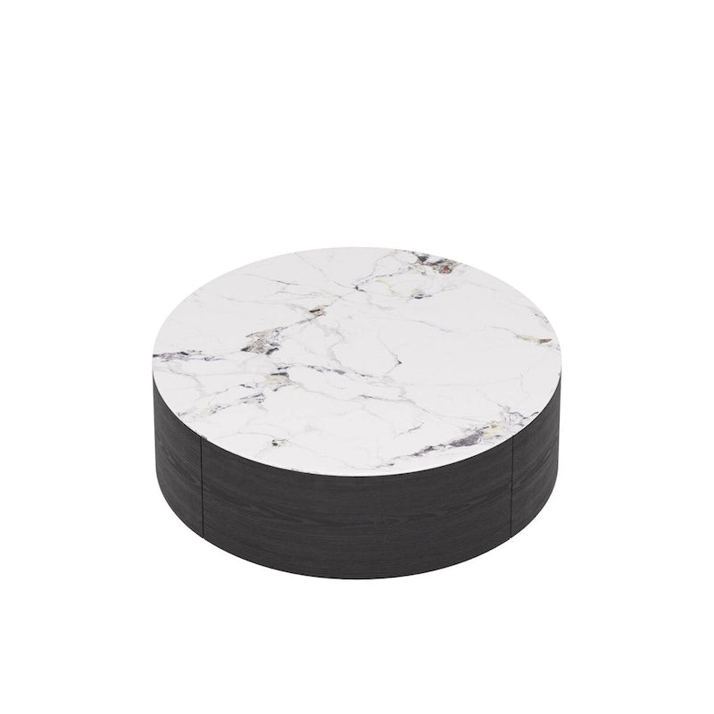 Table Basse Ronde en Pierre Frittée avec Base Dorée et 2 Tiroirs de Rangement
