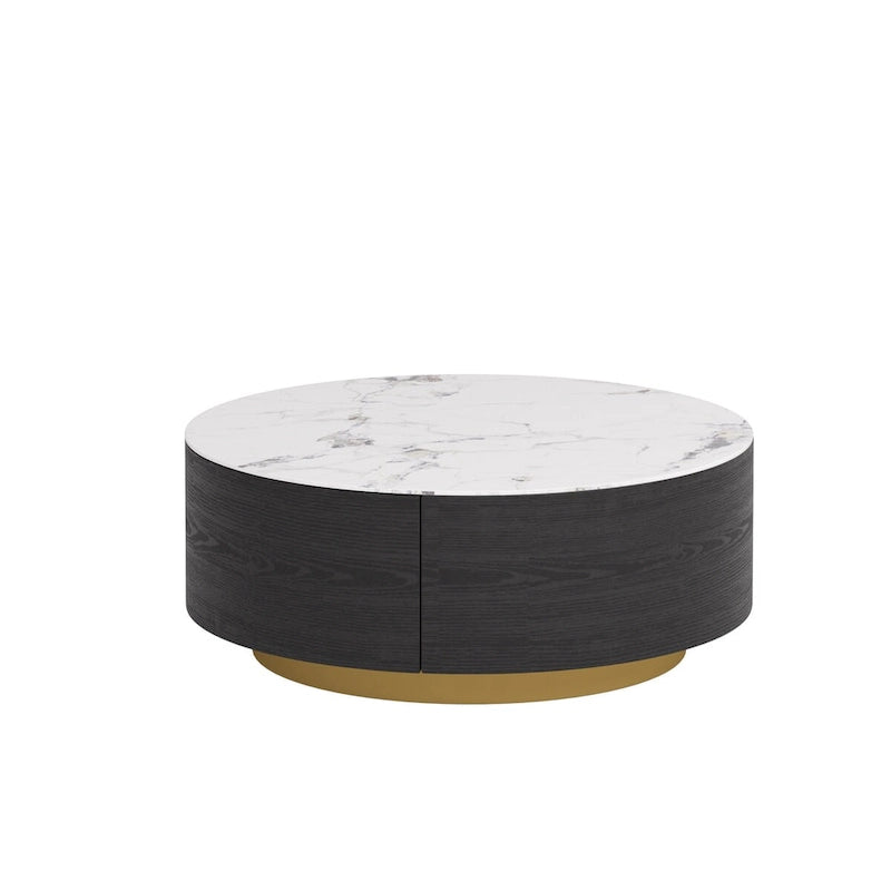 Table Basse Ronde en Pierre Frittée avec Base Dorée et 2 Tiroirs de Rangement