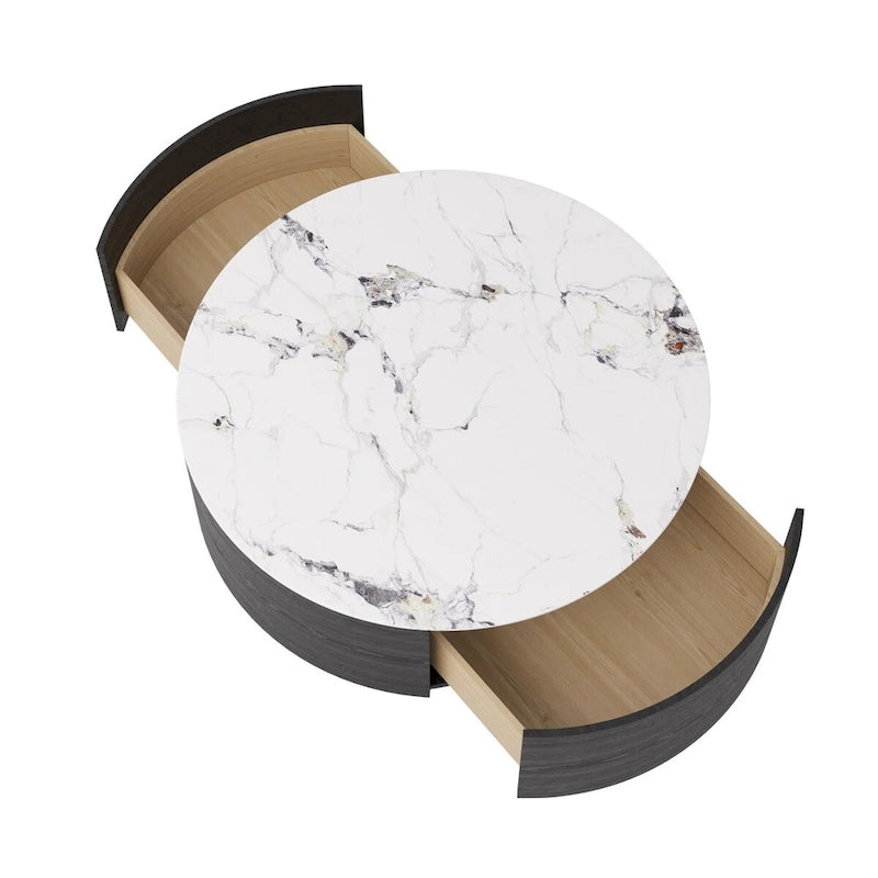 Table Basse Ronde en Pierre Frittée avec Base Dorée et 2 Tiroirs de Rangement