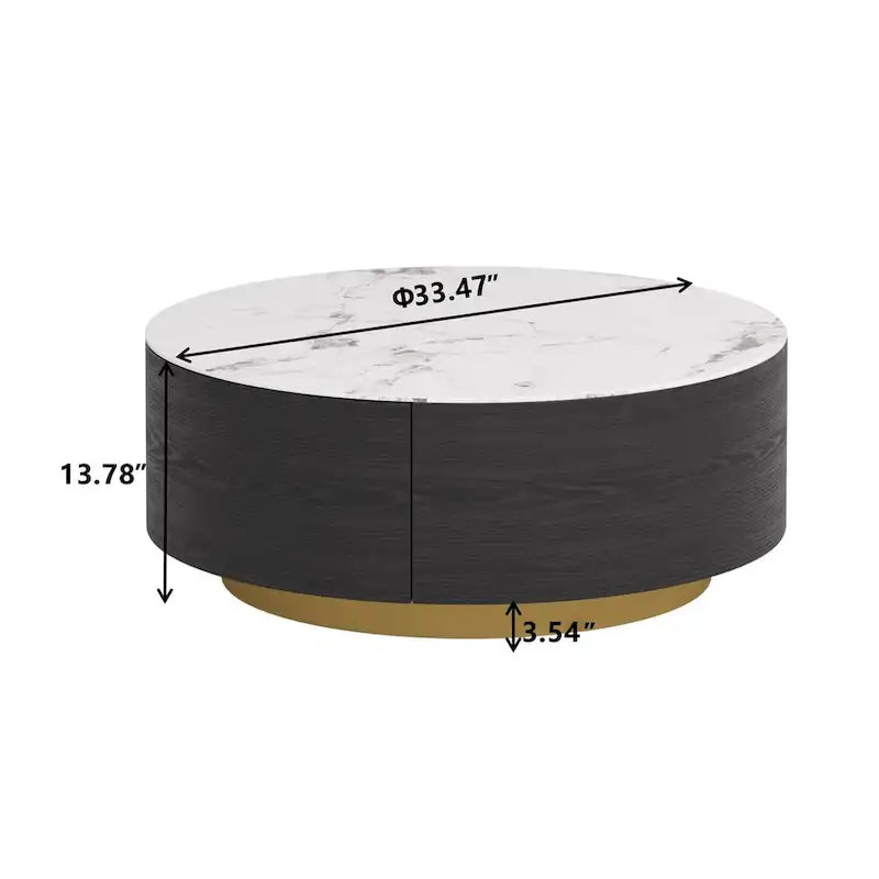 Table Basse Ronde en Pierre Frittée avec Base Dorée et 2 Tiroirs de Rangement