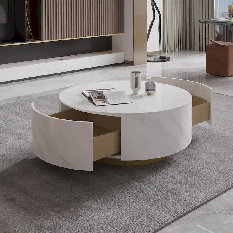 Table Basse Ronde en Pierre Frittée avec Base Dorée et 2 Tiroirs de Rangement