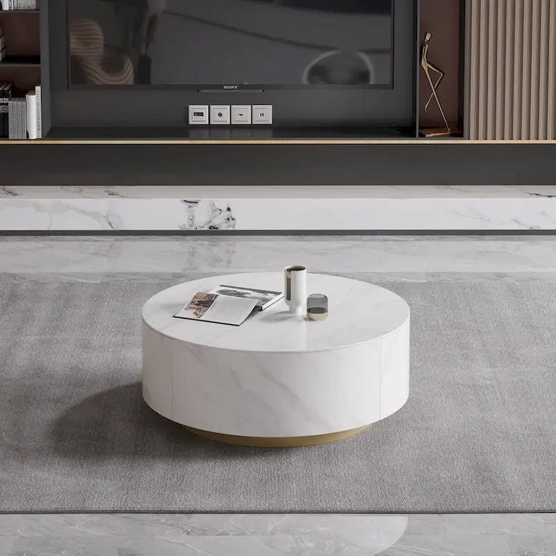 Table Basse Ronde en Pierre Frittée avec Base Dorée et 2 Tiroirs de Rangement