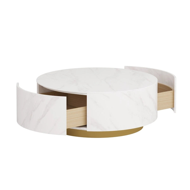 Table Basse Ronde en Pierre Frittée avec Base Dorée et 2 Tiroirs de Rangement