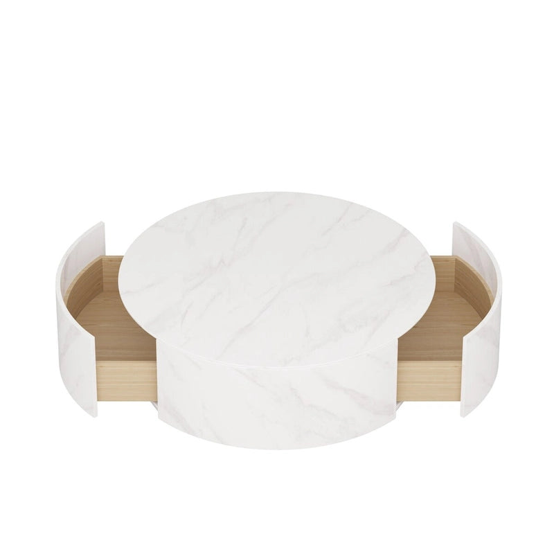 Table Basse Ronde en Pierre Frittée avec Base Dorée et 2 Tiroirs de Rangement