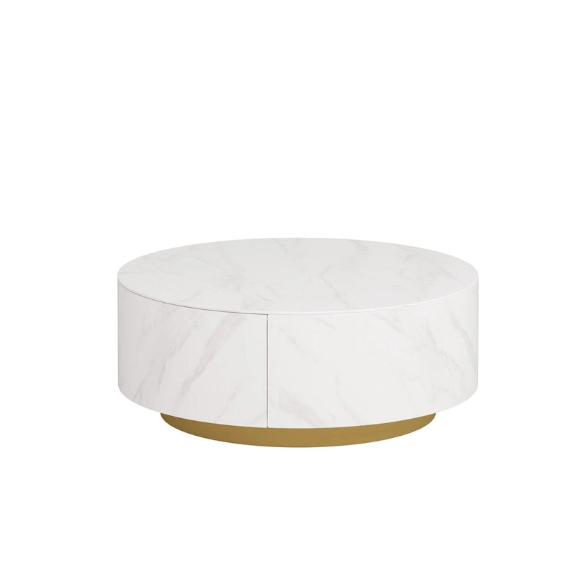 Table Basse Ronde en Pierre Frittée avec Base Dorée et 2 Tiroirs de Rangement