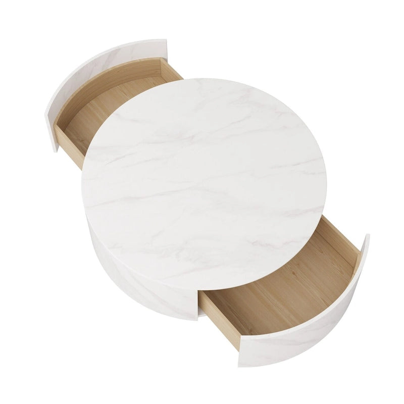 Table Basse Ronde en Pierre Frittée avec Base Dorée et 2 Tiroirs de Rangement