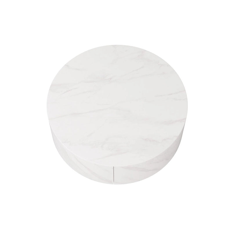 Table Basse Ronde en Pierre Frittée avec Base Dorée et 2 Tiroirs de Rangement