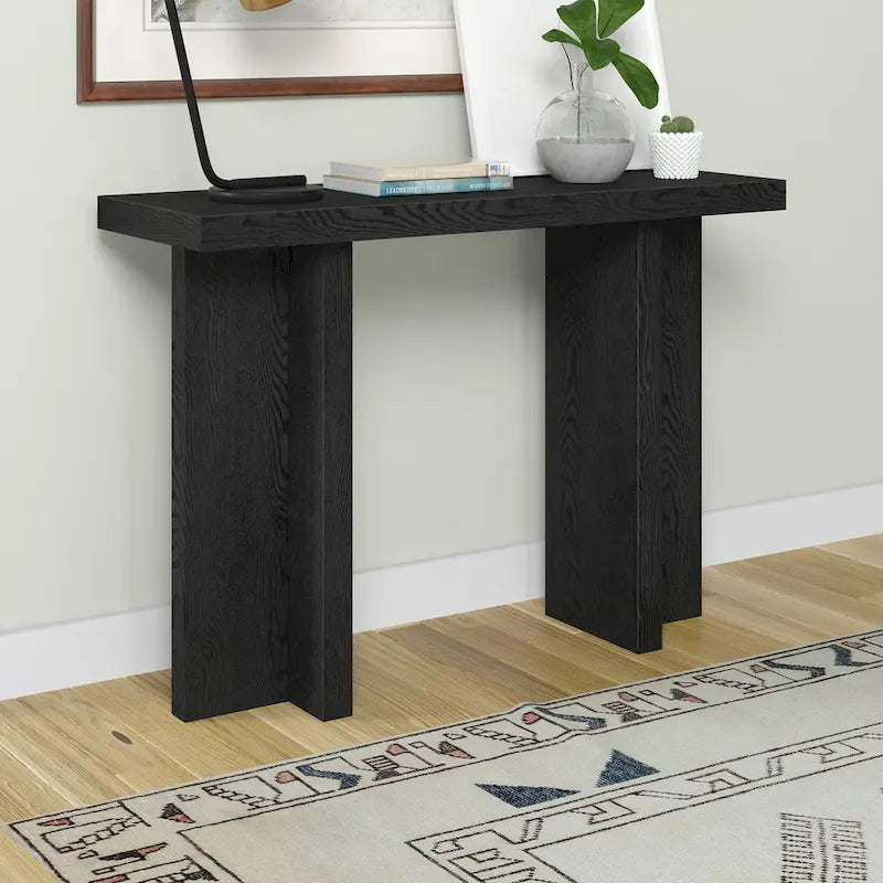Console rectangulaire moderne avec pieds à double pilier Fini aspect bois