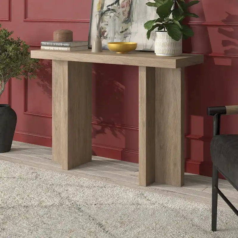 Console rectangulaire moderne avec pieds à double pilier Fini aspect bois