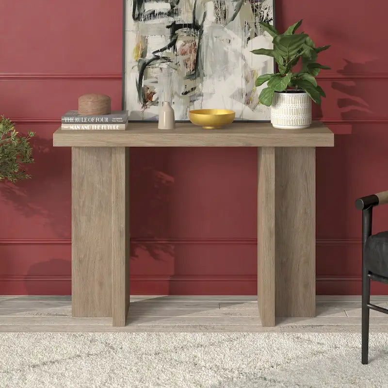 Console rectangulaire moderne avec pieds à double pilier Fini aspect bois