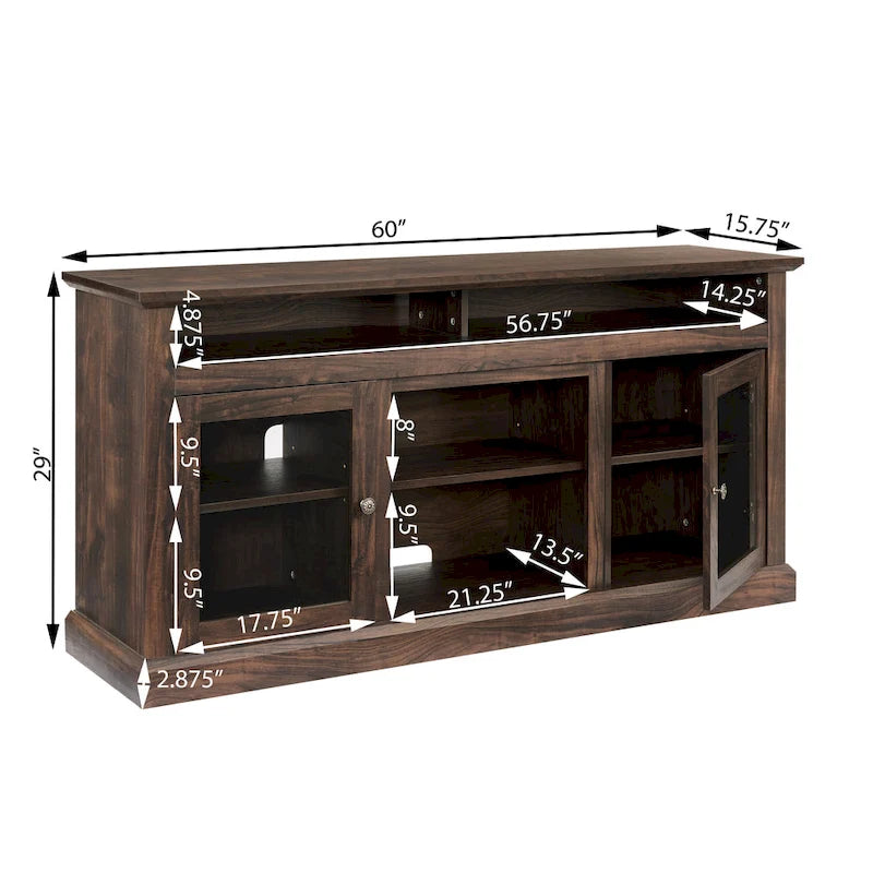 Meuble TV en bois de 60 pouces avec portes vitrées, étagères ouvertes, noyer foncé et gris