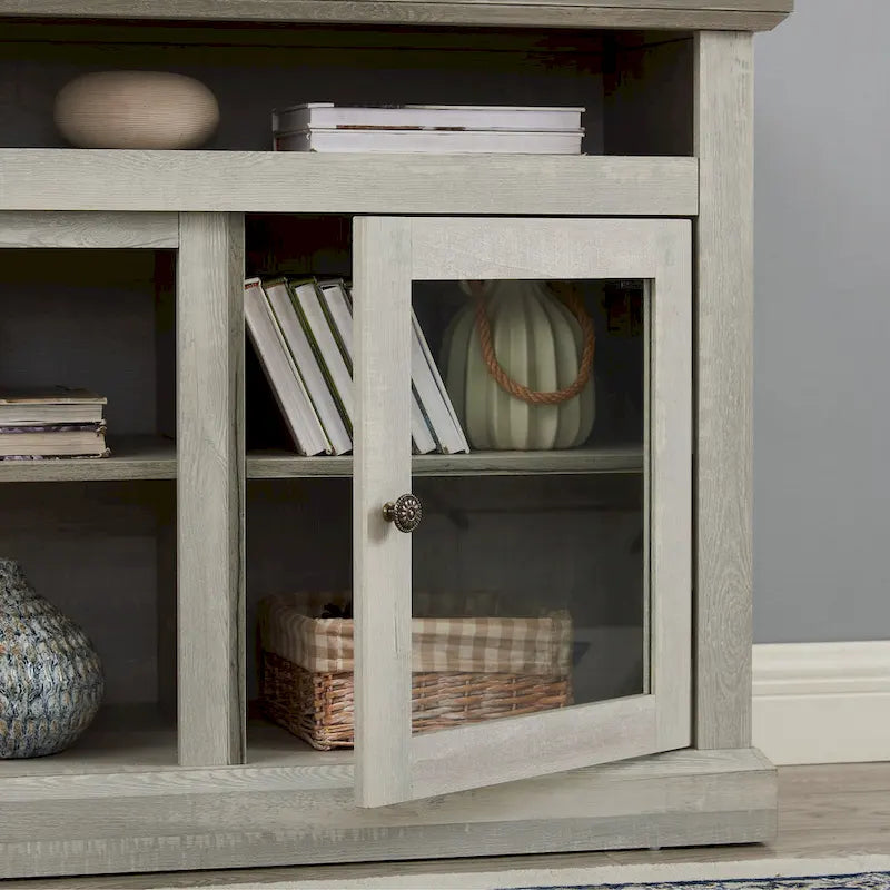Meuble TV en bois de 60 pouces avec portes vitrées, étagères ouvertes, noyer foncé et gris