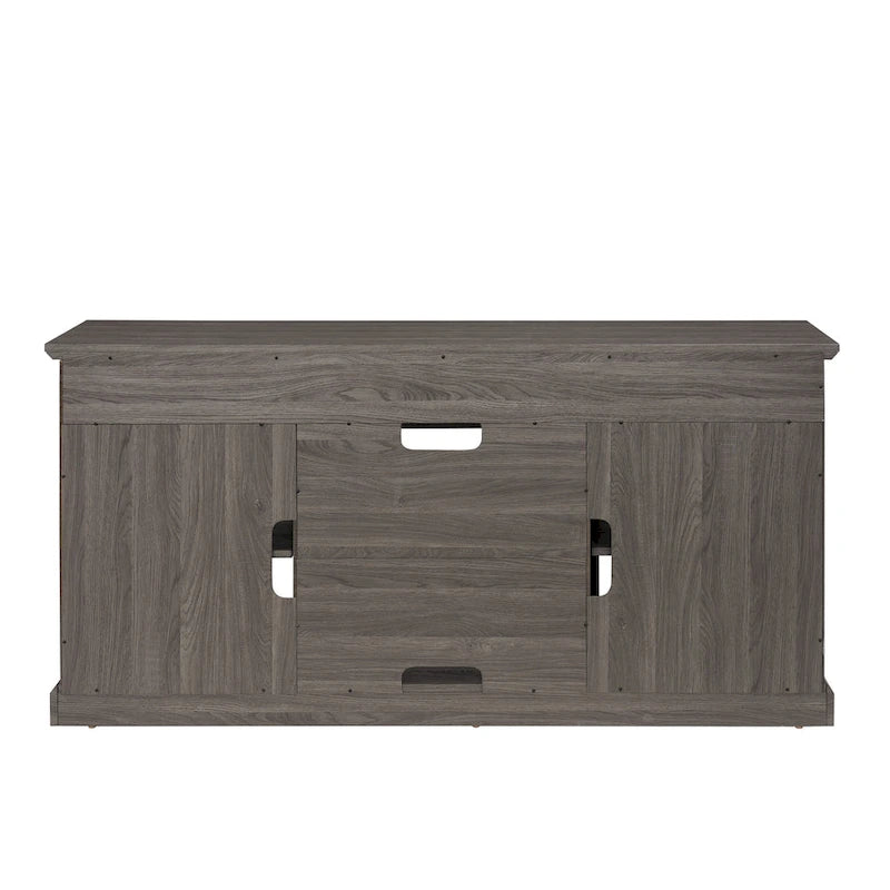 Meuble TV en bois de 60 pouces avec portes vitrées, étagères ouvertes, noyer foncé et gris