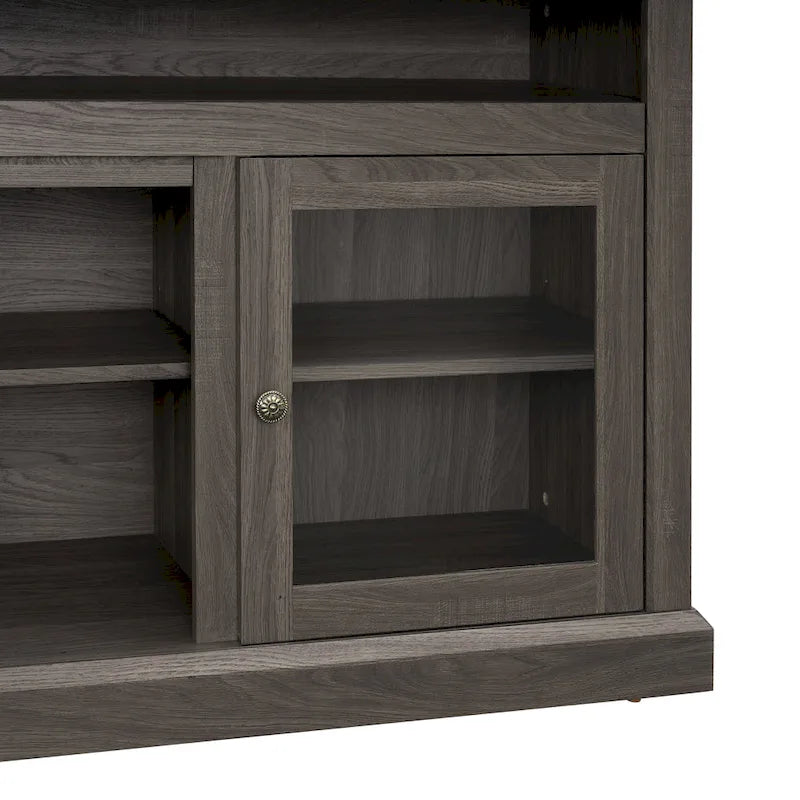 Meuble TV en bois de 60 pouces avec portes vitrées, étagères ouvertes, noyer foncé et gris