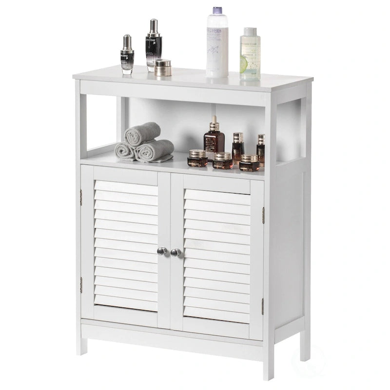 Meuble de rangement autoportant à porte persienne blanche avec étagère ouverte