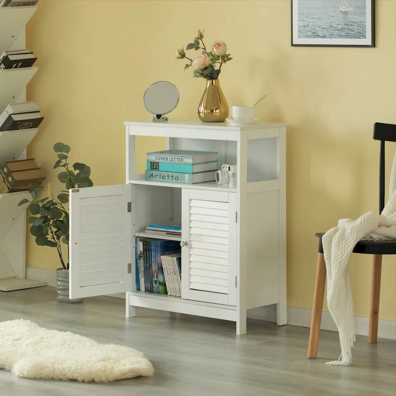 Meuble de rangement autoportant à porte persienne blanche avec étagère ouverte