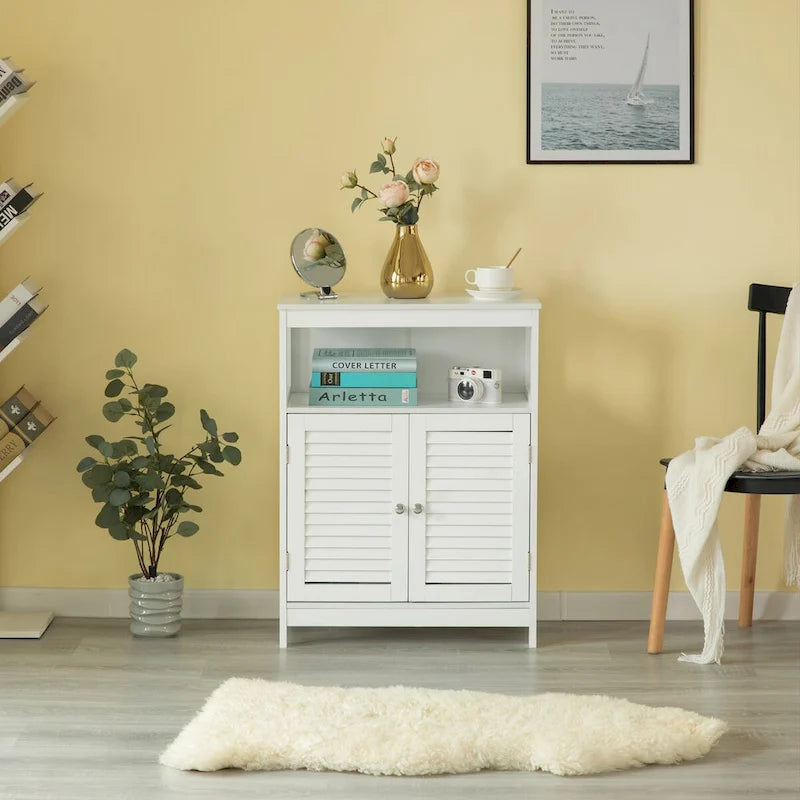 Meuble de rangement autoportant à porte persienne blanche avec étagère ouverte
