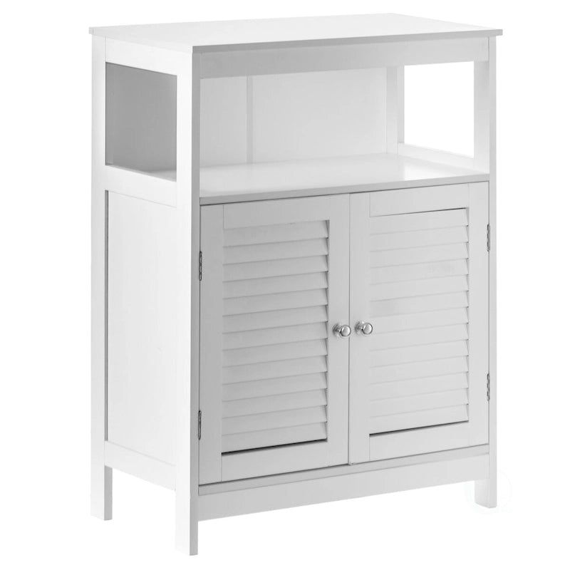 Meuble de rangement autoportant à porte persienne blanche avec étagère ouverte
