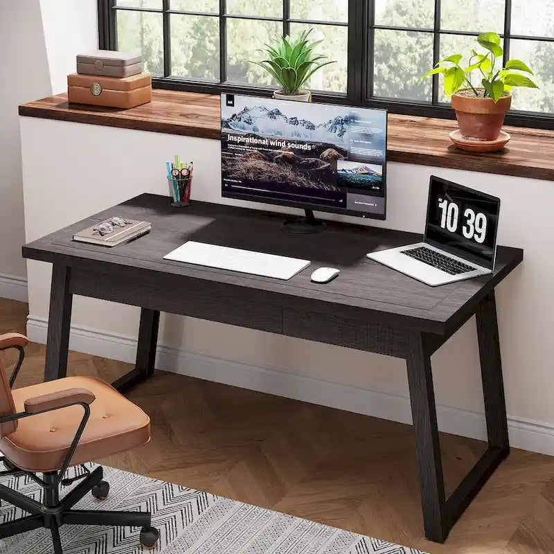 Bureau en bois massif noyer avec tiroir, style Mid-Century Modern
