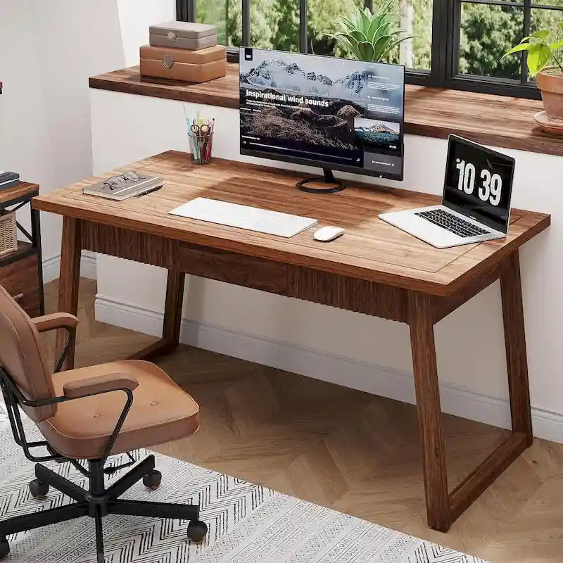 Bureau en bois massif noyer avec tiroir, style Mid-Century Modern