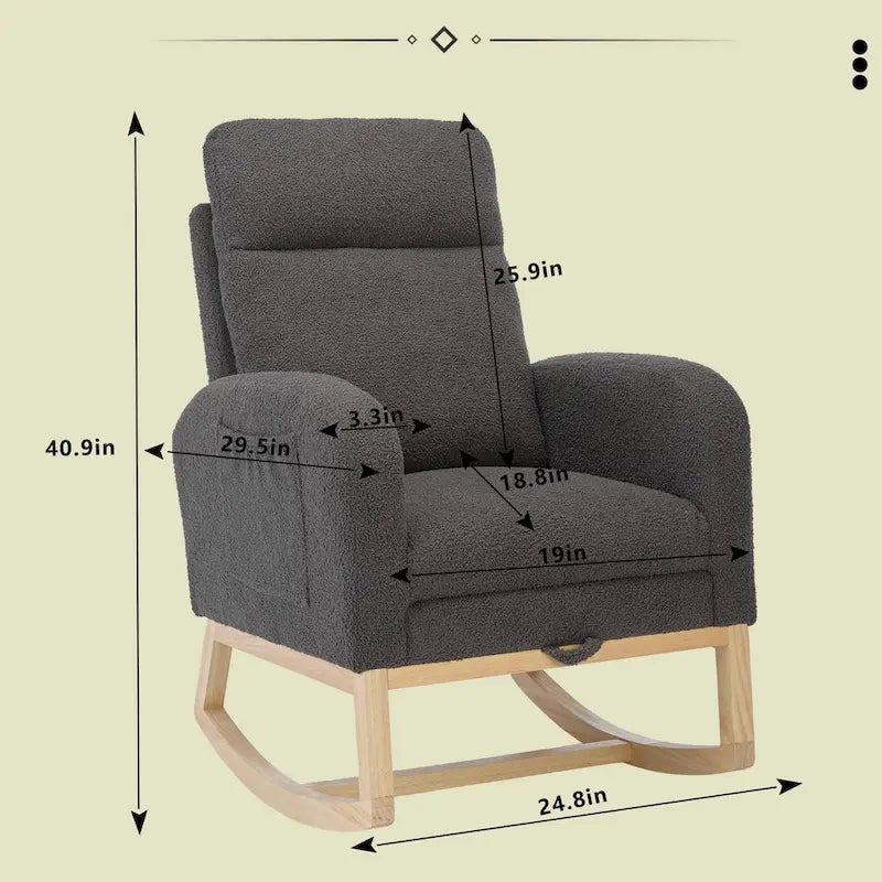 Fauteuil à bascule moderne à dossier haut rembourré de 29,5 po avec pieds en bois massif et repose-pieds réglable